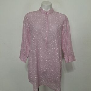 Leggiadro Pink White Polka Dot Coquette Linen Blend 3/4 Sleeve Blouse Size 8